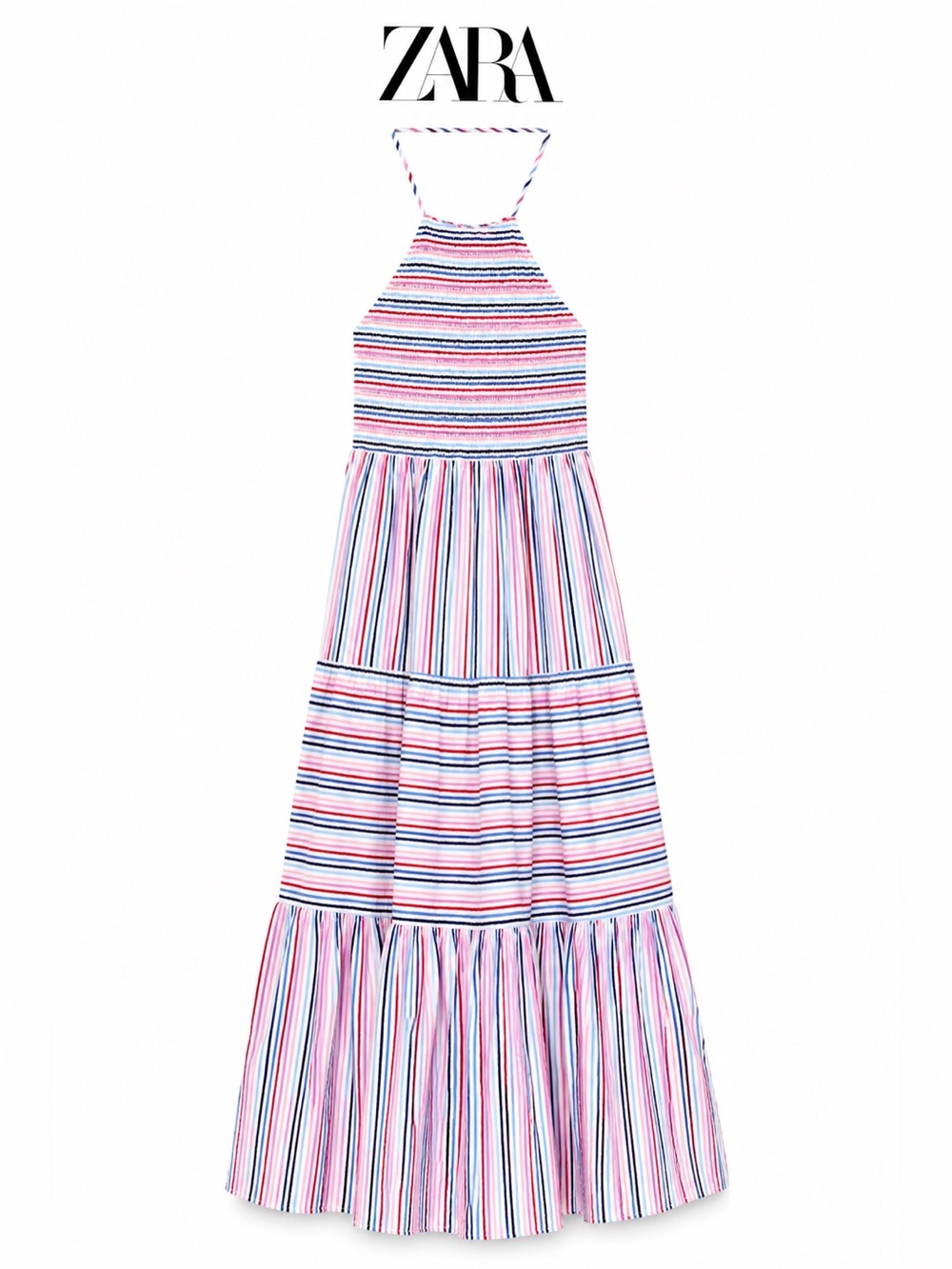 Zara Striped Halter Maxi Dress Backless Tiered Boho Coastal Beach Small Pink Red - Picture 3 of 10